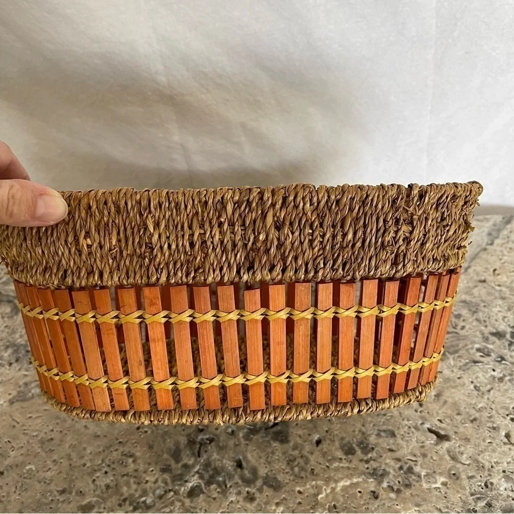 Unique, vintage, oval, boho rattan and bamboo decorative fruit/storage basket